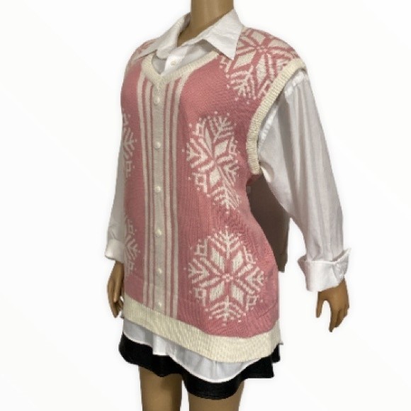 Vintage My Christmas Sweater Pink V Neck Vest Snowflake Print Ivory Size XXL - Picture 6 of 14
